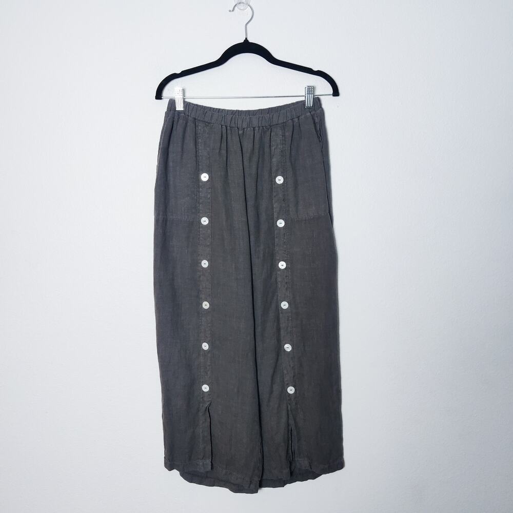 Fenini Gray Linen Button Detail Wide Leg Pull On Pants Large Lagenlook Coastal